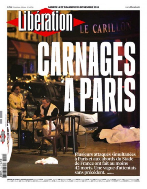 "Newspaper cover about about the 2015 November 13th terrorist attack in Paris"