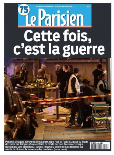 ""Newspaper cover about about the 2015 November 13th terrorist attack in Paris"